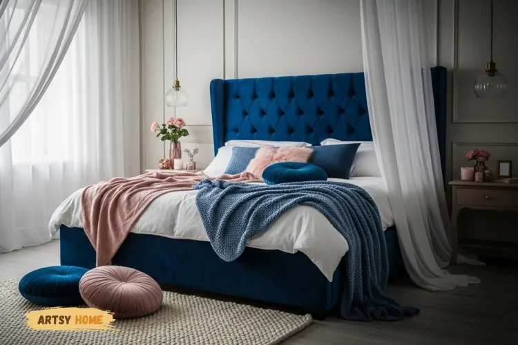 A moody and romantic bedroom with a bold velvet headboard.
