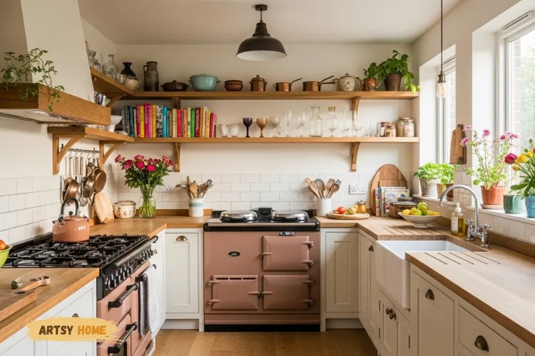 A creative, warm kitchen with open shelving.