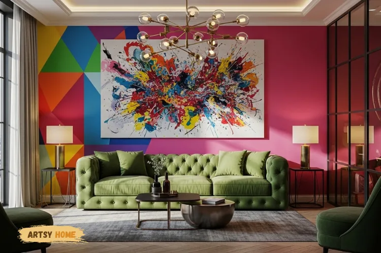 A bold, artistic living room with abstract wall art, plush sofa.
