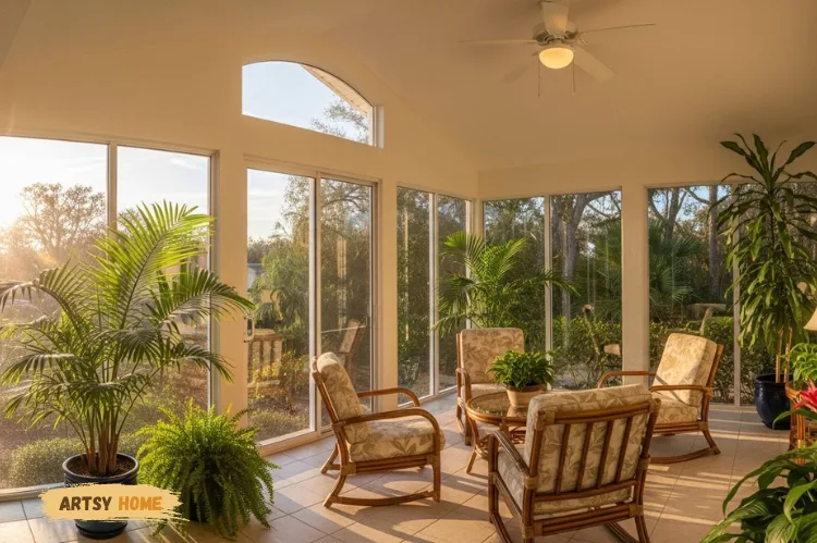 A breezy Tampa sunroom with glass walls, rattan chairs, large potted plants.