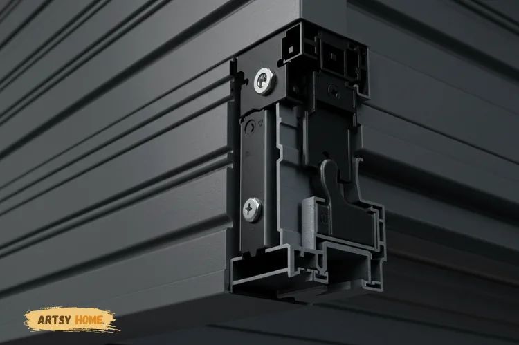 Roller shutter close-up with anti-lift locking side guides and reinforced bottom rail.