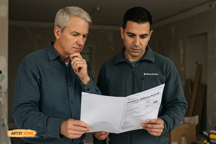 A homeowner and contractor reviewing insurance papers at a renovation site.