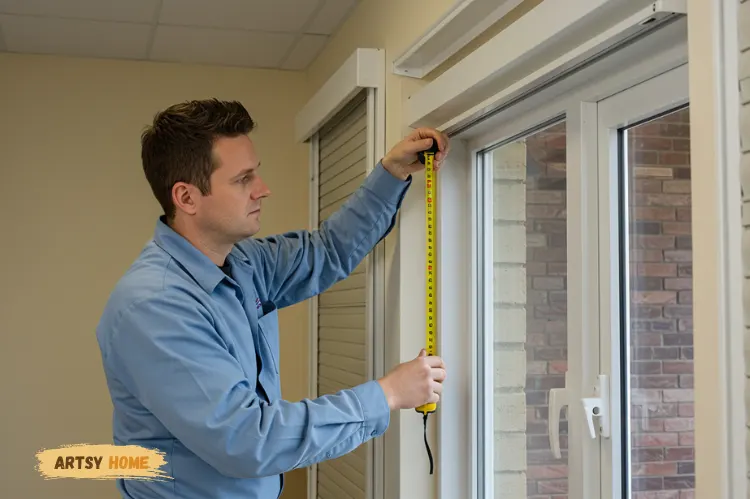 Technician measuring and installing roller shutters on a window.