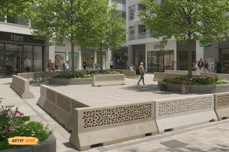 Decorative concrete security barriers at a pedestrian plaza with shops and greenery around.