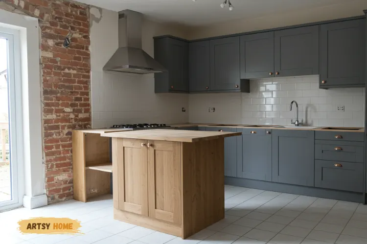 A partially renovated kitchen with tiles on the floor.