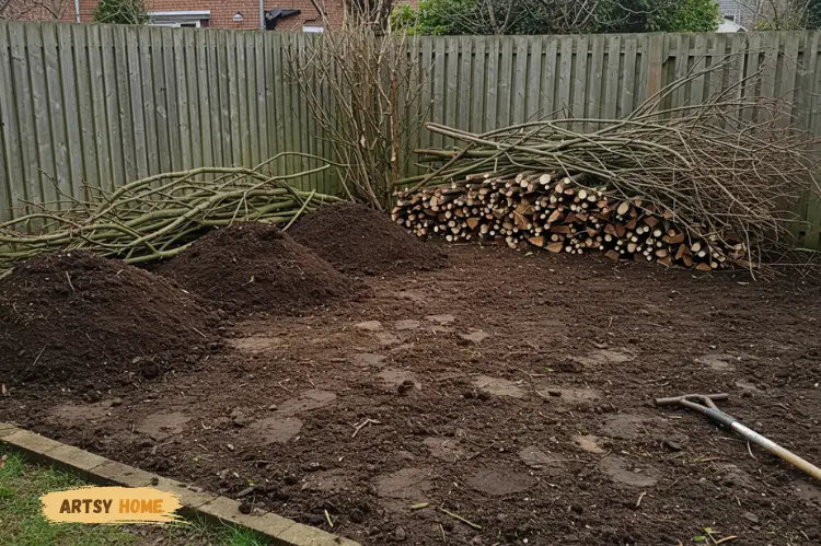 A backyard garden filled with trimmed branches, soil piles.
