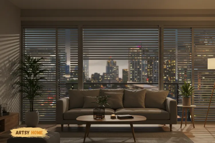 Home interior with roller shutters down. Outside: traffic and noise.