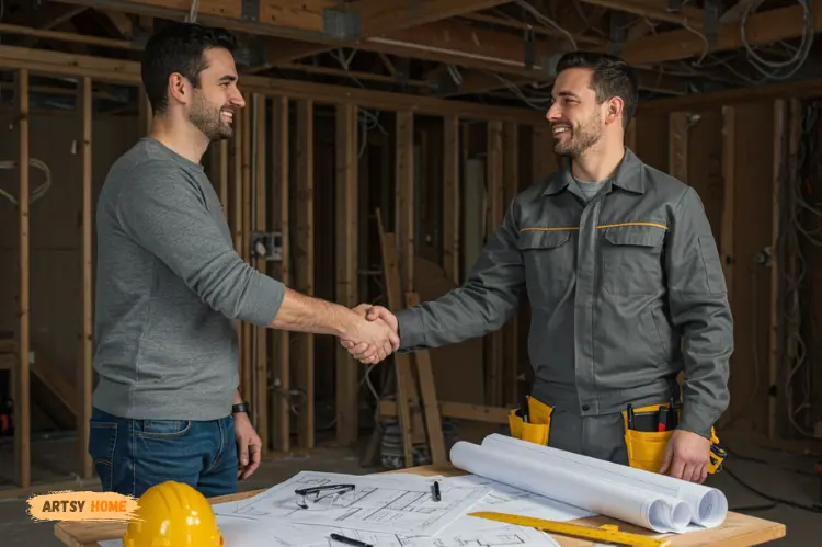 A homeowner and contractor shaking hands at a home renovation site.