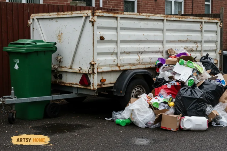 A small pile of waste next to a trailer and a council bin.