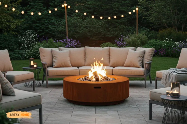 A contemporary backyard setup featuring a round corten steel fire pit.