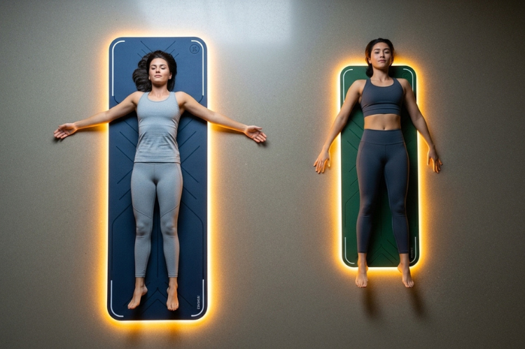 Person on full-body mat glowing vs small leg mat.