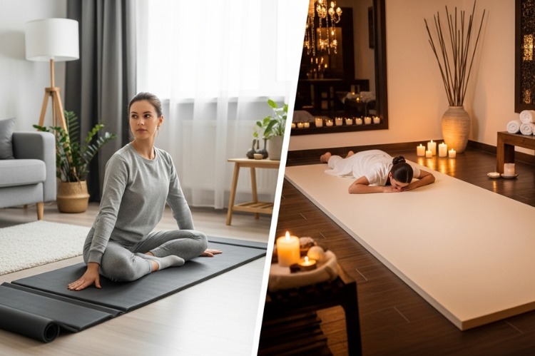 Split scene: person at home using foldable mat vs spa with large commercial mat.