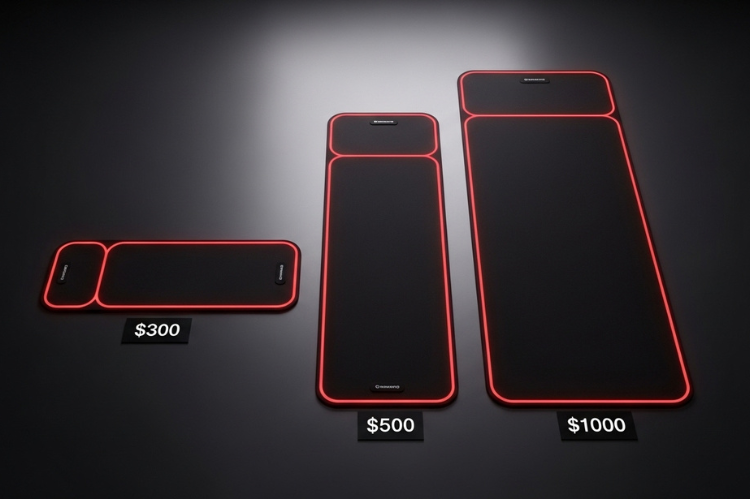 Three mats: small $300, mid $500, full-body $1000, glowing red, with price tags.