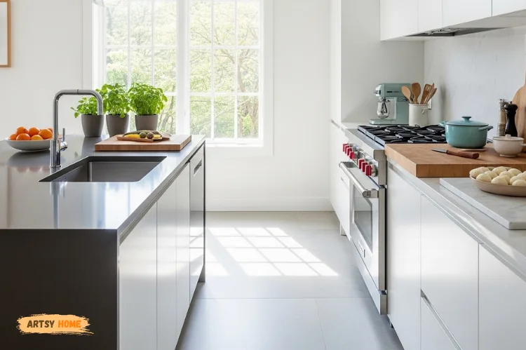 Modern kitchen interior, bright natural light, featuring multiple countertop materials.