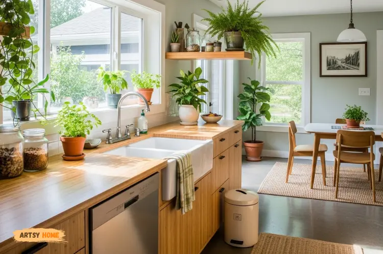 Eco-friendly kitchen with bamboo countertops, green plants, sustainable home vibe.