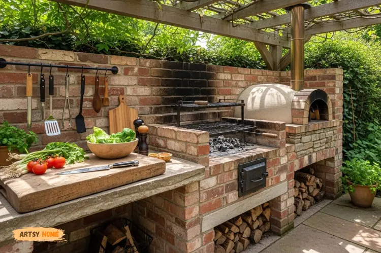 Outdoor kitchen with reclaimed brick countertop, rustic barbecue setup.