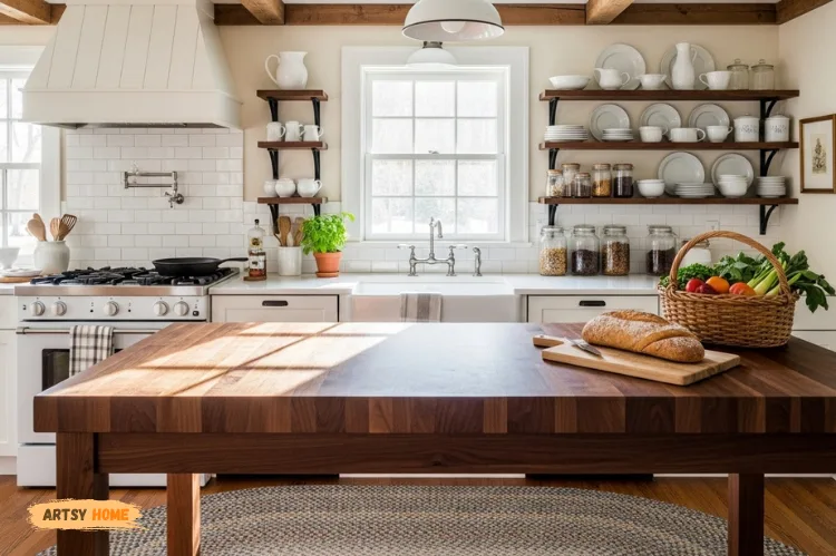 Cozy farmhouse kitchen with walnut butcher block countertop.