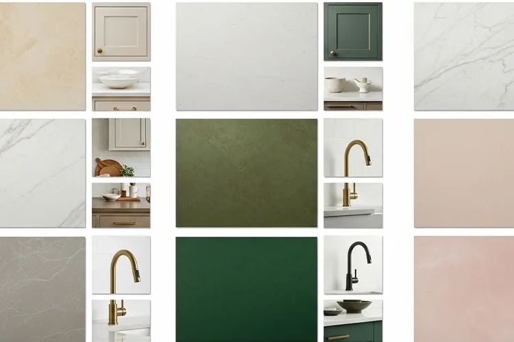 Mood board of kitchen countertops in warm neutrals, deep greens, and blush pastels.