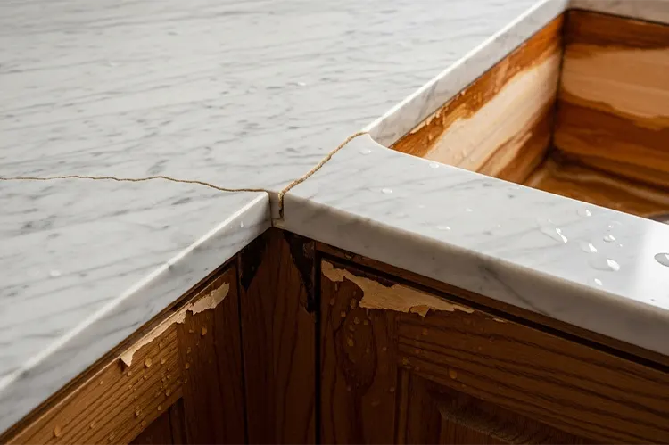 Visual showing cracked marble, stained wood, and uneven countertop installation as cautionary.