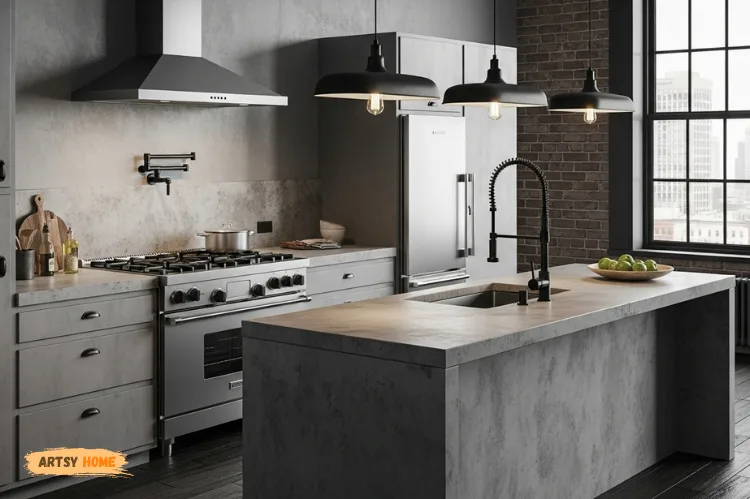 Industrial-style kitchen featuring concrete countertops, matte black fixtures, hanging pendant lights.