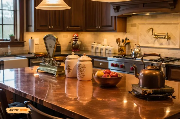 Kitchen island with polished copper countertop, warm lighting, antique decor accents.