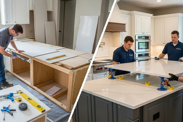 Split-view image showing DIY countertop installation on one side and professional team.