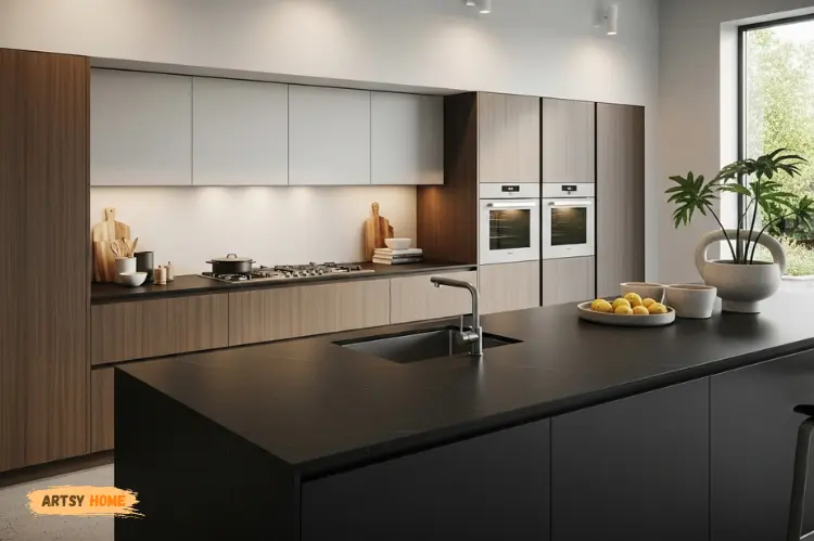 High-end kitchen with dark Dekton countertop, sleek minimal decor.