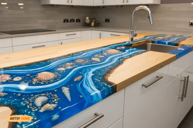 Modern kitchen countertop with blue epoxy river design, embedded shells and metallic accents.