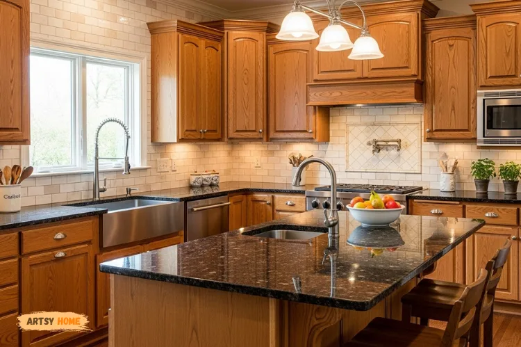 Classic kitchen with Black Galaxy granite countertop, natural wood cabinets.