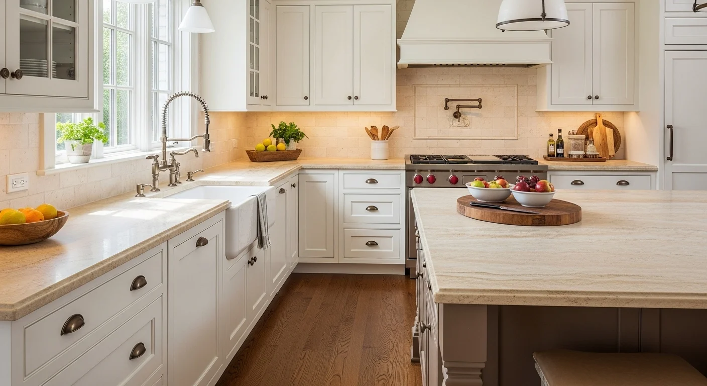 Traditional kitchen with Jerusalem Gold limestone countertop, white cabinets.