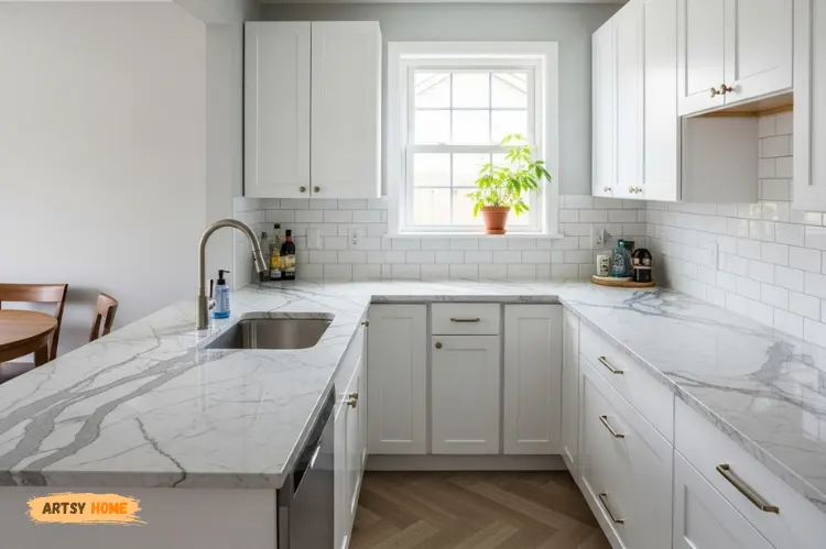 Small kitchen makeover with realistic Calacatta marble-look laminate countertops.