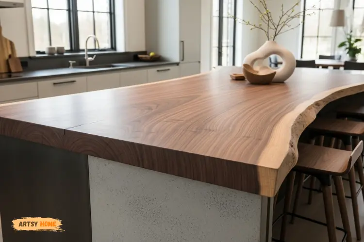 Artistic kitchen island with live edge walnut countertop, natural edge detail, organic modern design.