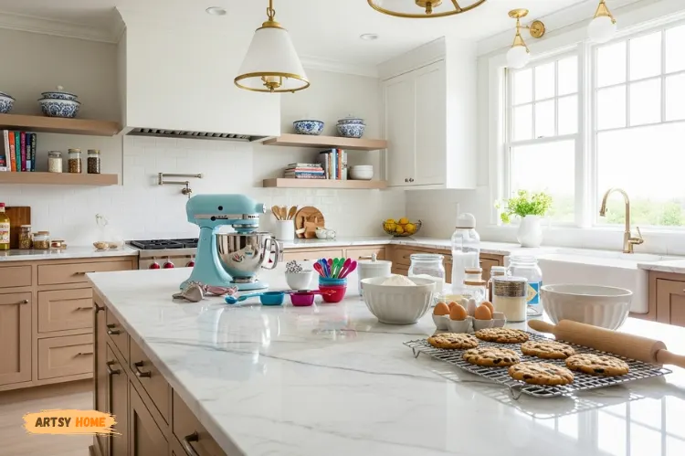 Bright baking kitchen setup with Calacatta Gold marble countertop.