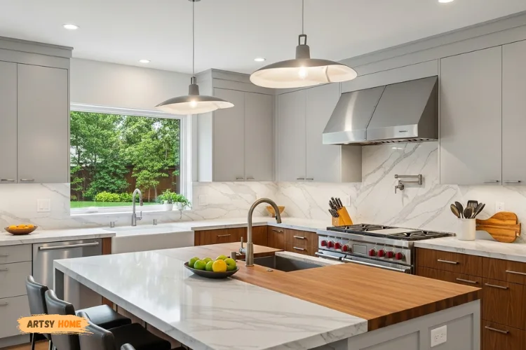 Contemporary kitchen combining quartz, marble, and butcher block countertops.