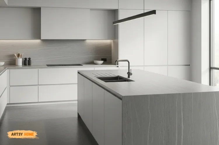 Modern minimalist kitchen with thin Neolith sintered stone countertops.
