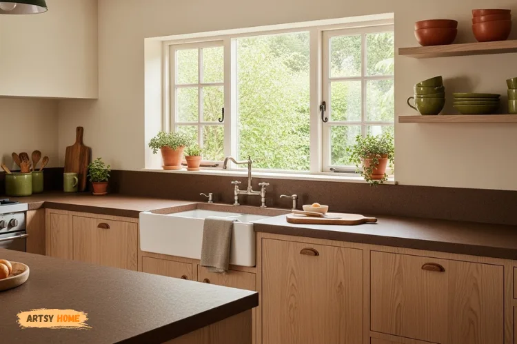 Eco-friendly kitchen with Paperstone countertops, warm earthy tones, natural texture.