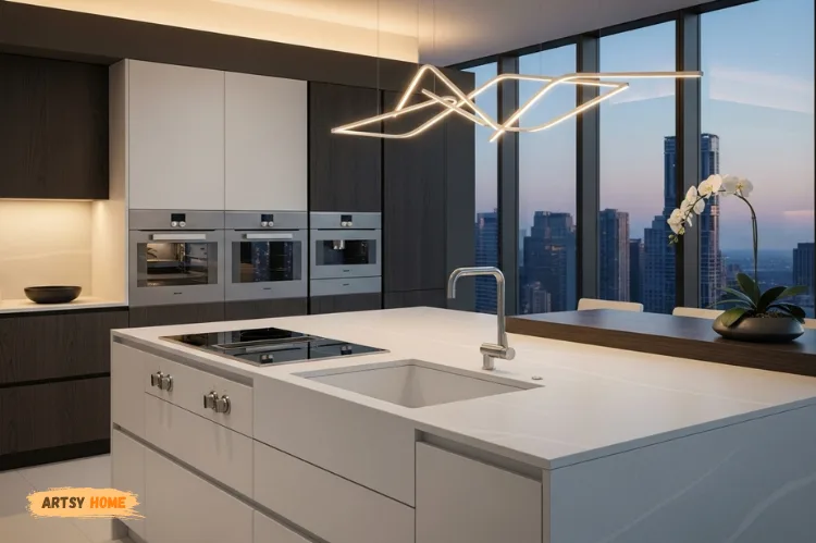 Ultra-modern kitchen with sleek porcelain countertops, thin slab edges, integrated sink.