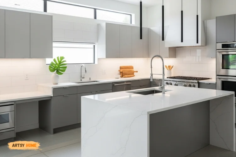 Sleek modern kitchen with white quartz countertops, minimalistic decor.