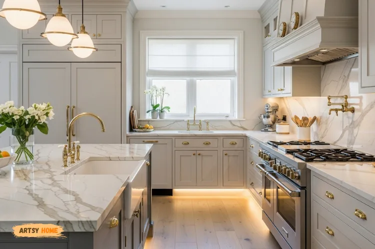 Elegant luxury kitchen with Taj Mahal quartzite countertops, gold veining, soft neutral palette.