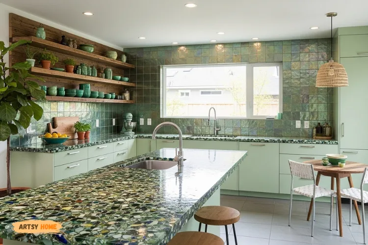 Eco-modern kitchen with sparkling recycled glass countertop, light reflections, green decor.