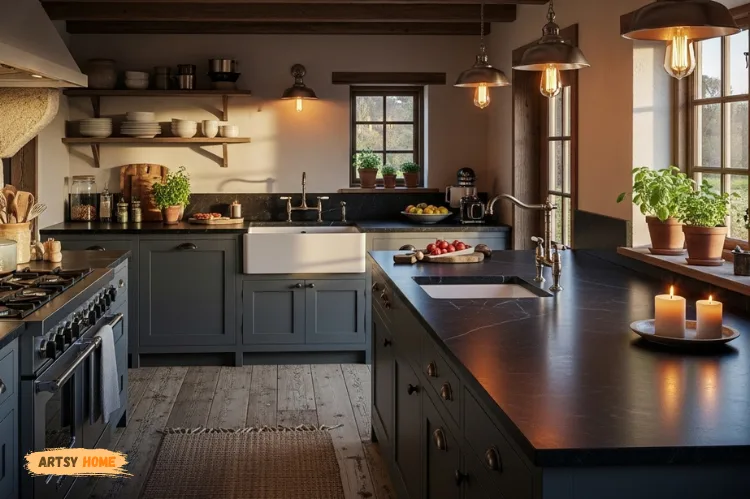 Rustic-modern kitchen with dark soapstone countertop, matte finish, smooth surface texture, cozy warm atmosphere.