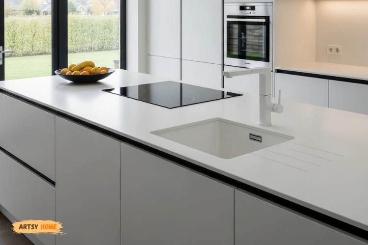 Sleek modern kitchen with Corian solid surface countertops, integrated sink.