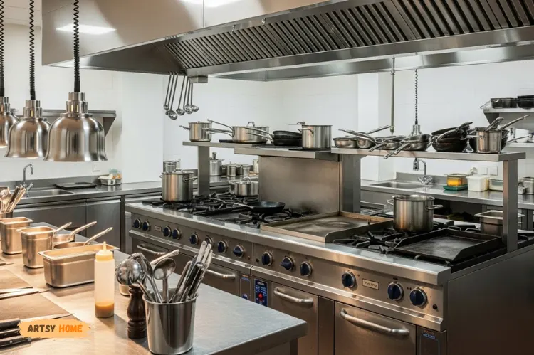 Professional chef kitchen with stainless steel countertop, utensils, stove area, industrial lighting.