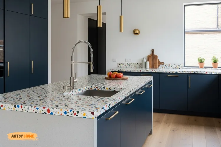 Modern kitchen with colorful terrazzo countertop and brass fixtures.