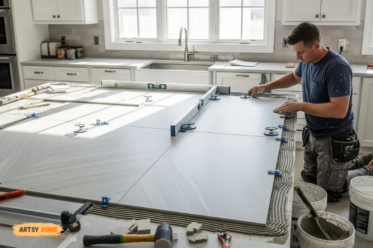 Homeowner installing large-format porcelain tiles as countertop, bright natural light.