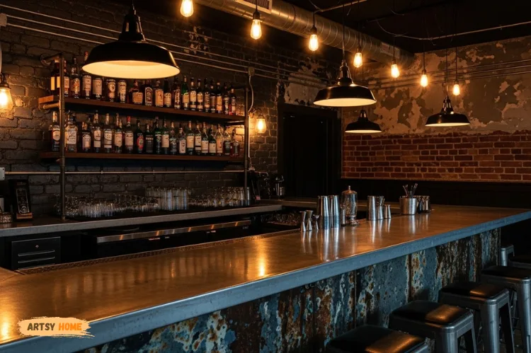 Bar area with zinc countertop showing patina, moody lighting, industrial decor.