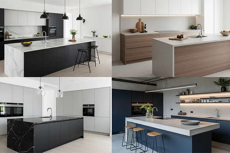 Collage of modern kitchens featuring waterfall edges, two-tone cabinetry, thick countertops.