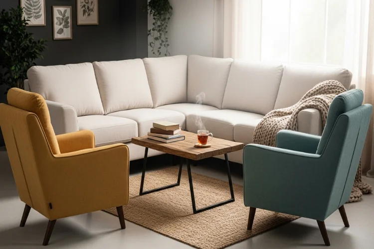 A cozy seating arrangement with sofa and chairs placed within close conversational distance.