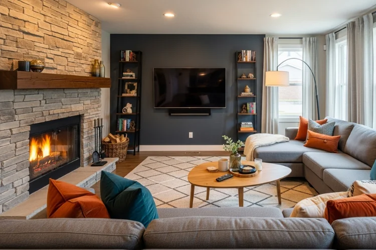 A living room with sofa angled diagonally between fireplace and TV walls, dynamic layout.