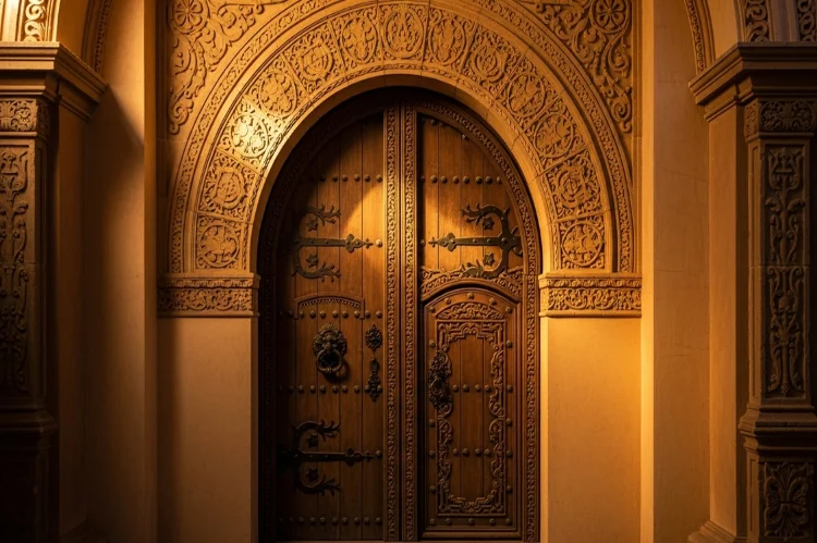Grand arched Spanish doorway with carved wooden door, wrought iron hardware, stucco arch, warm light, romantic.